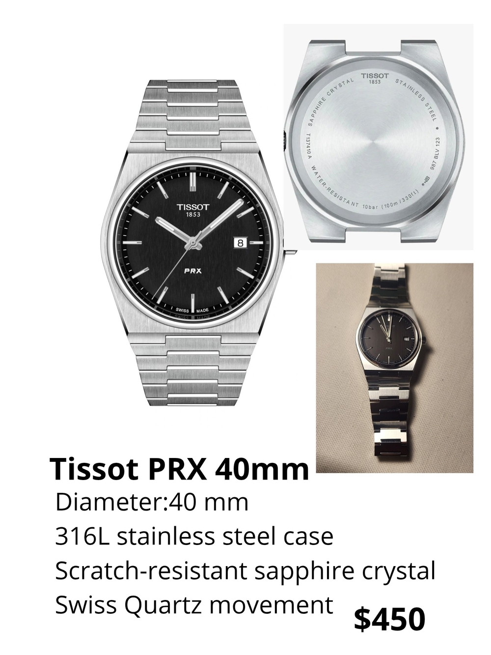 Tissot PRX Stainless Steel Watch - Black Dial. Not Original Pack. #TW01